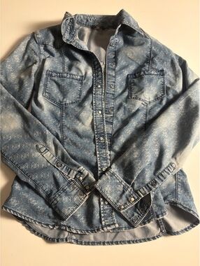 Guess Women's Denim Shirt with Logo Print, Size Small